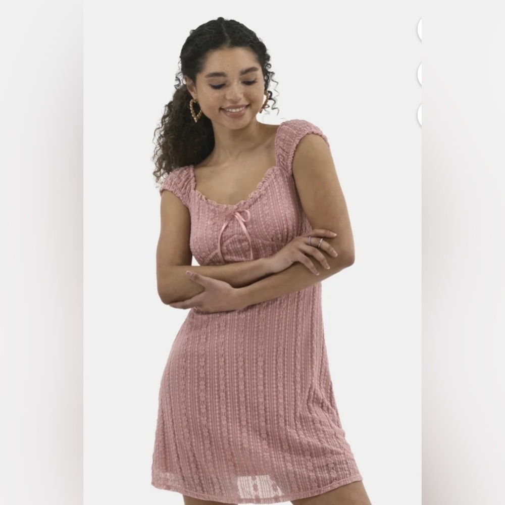 Y2K Womens Babydoll Cable Knit Mini Slip Dress Lace Dusty Rose Coquette Size XS